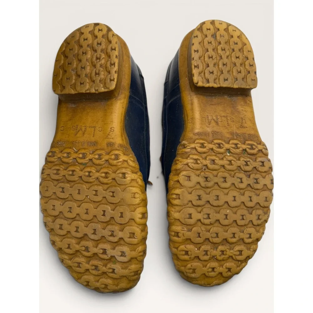 LL Bean Boots Womens 7 Navy Blue Tan Leather Low Gumshoe Duck Boots Made in USA